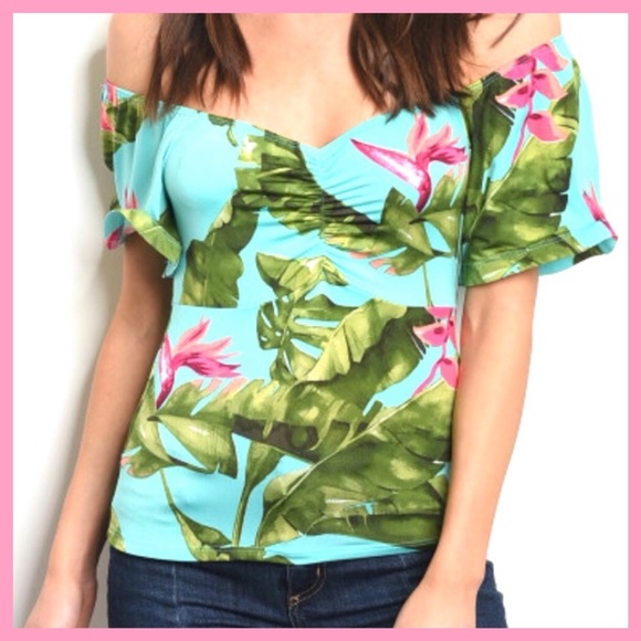 “ALMOST PARADISE” TURQUOISE PALM LEAVES TOP NEW - Picture 3 of 8